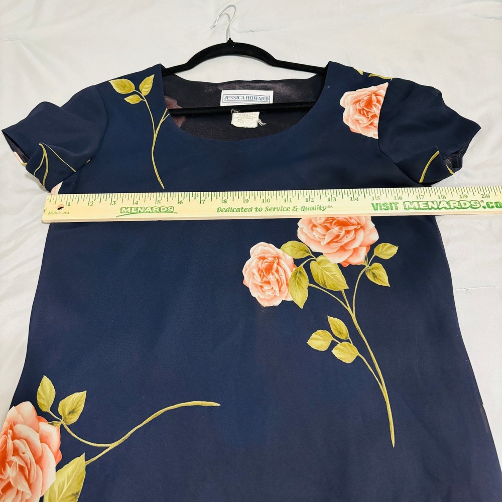 Vintage Jessica Howard Navy Pink Rose Floral Maxi Dress Size 6 Layered Hem - Picture 5 of 6